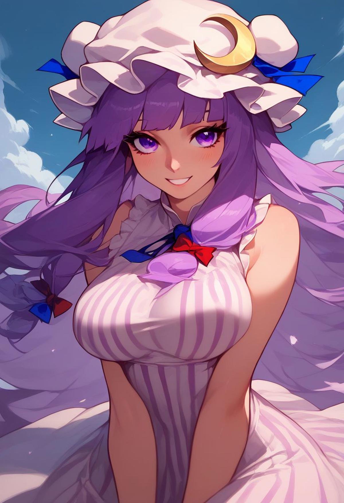 masterpiece, best quality, ultra-detailed, illustration,score_9, score_8_up, score_8, medium breasts, (curvy), cute, eyelashes, patchouli knowledge, 1girl, dress, (purple hair, purple eyes:1), long hair, mob cap, crescent hat ornament, ribbon, dress, vertical stripes, smile, Expressiveh, zPDXL2