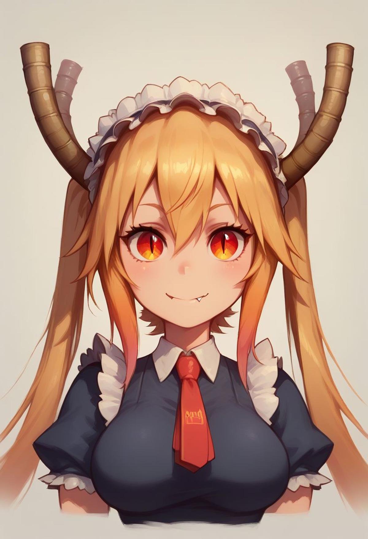 masterpiece, best quality, ultra-detailed, illustration,score_9, score_8_up, score_8, medium breasts, (curvy), cute, eyelashes, Faded Headshot, faded bottom, faded edges,tohru, long hair, bangs, blonde hair, hair between eyes, twintails, very long hair, multicolored hair, horns, fang, gradient hair, dragon horns, red eyes, slit pupils, gloves, dress, tail, short sleeves, necktie, white gloves, maid, maid headdress, dragon girl, dragon tail, scales, large tail, smile, upper body,  Expressiveh, zPDXL2