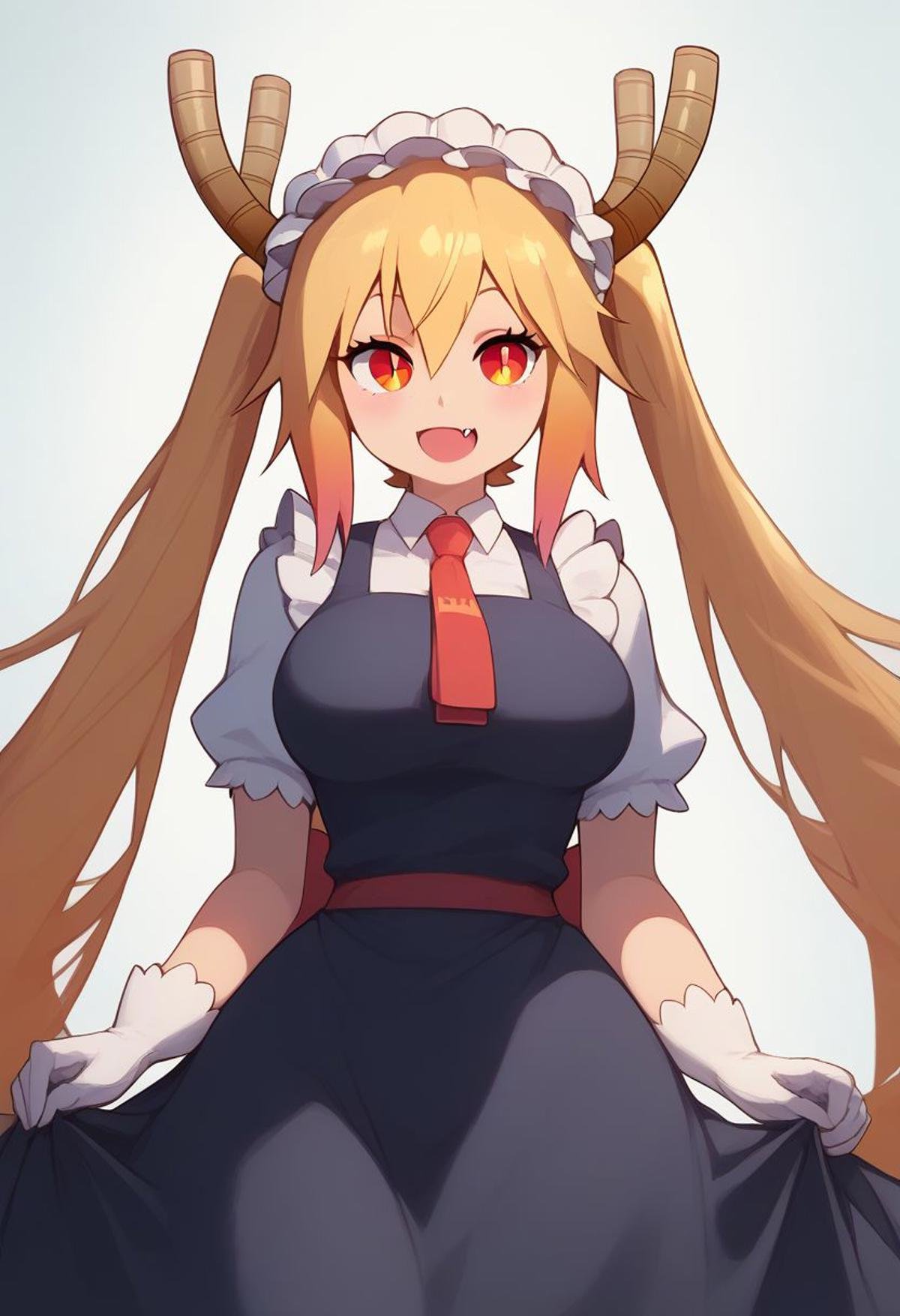 masterpiece, best quality, ultra-detailed, illustration,score_9, score_8_up, score_8, medium breasts, (curvy), cute, eyelashes, tohru, long hair, bangs, blonde hair, hair between eyes, twintails, very long hair, multicolored hair, horns, fang, gradient hair, dragon horns, red eyes, slit pupils, gloves, dress, tail, short sleeves, necktie, white gloves, maid, maid headdress, dragon girl, dragon tail, scales, large tail, smile, cowboy shot,  Expressiveh, zPDXL2