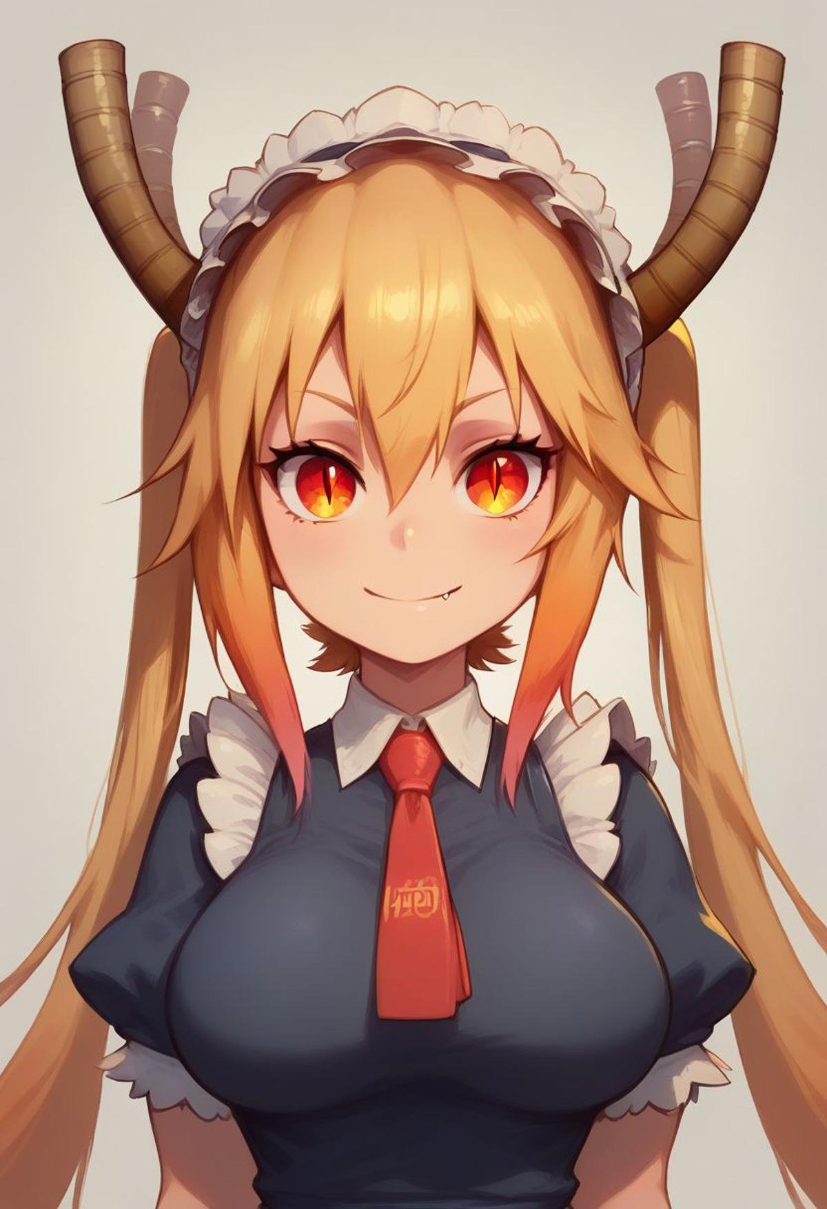 masterpiece, best quality, ultra-detailed, illustration,score_9, score_8_up, score_8, medium breasts, (curvy), cute, eyelashes, Faded Headshot, faded bottom, faded edges,tohru, long hair, bangs, blonde hair, hair between eyes, twintails, very long hair, multicolored hair, horns, fang, gradient hair, dragon horns, red eyes, slit pupils, gloves, dress, tail, short sleeves, necktie, white gloves, maid, maid headdress, dragon girl, dragon tail, scales, large tail, smile, upper body,  Expressiveh, zPDXL2