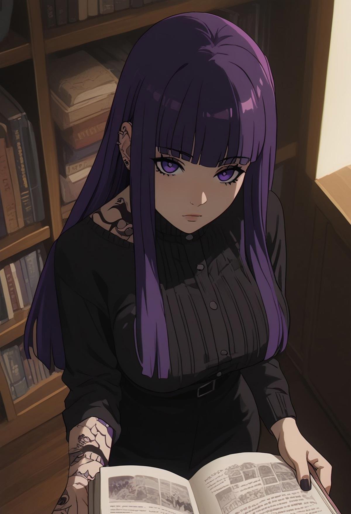 score_9, score_8_up, score_7_up, score_6_up, anime, cute goth girl, patFern, purple hair, long hair, purple eyes, antique bookstore, tattoos, holding a comic reading, looking up at viewer, pov from above, large natural breasts, hips, flat tummy, cinematic angle, cinematic lighting, solo focus