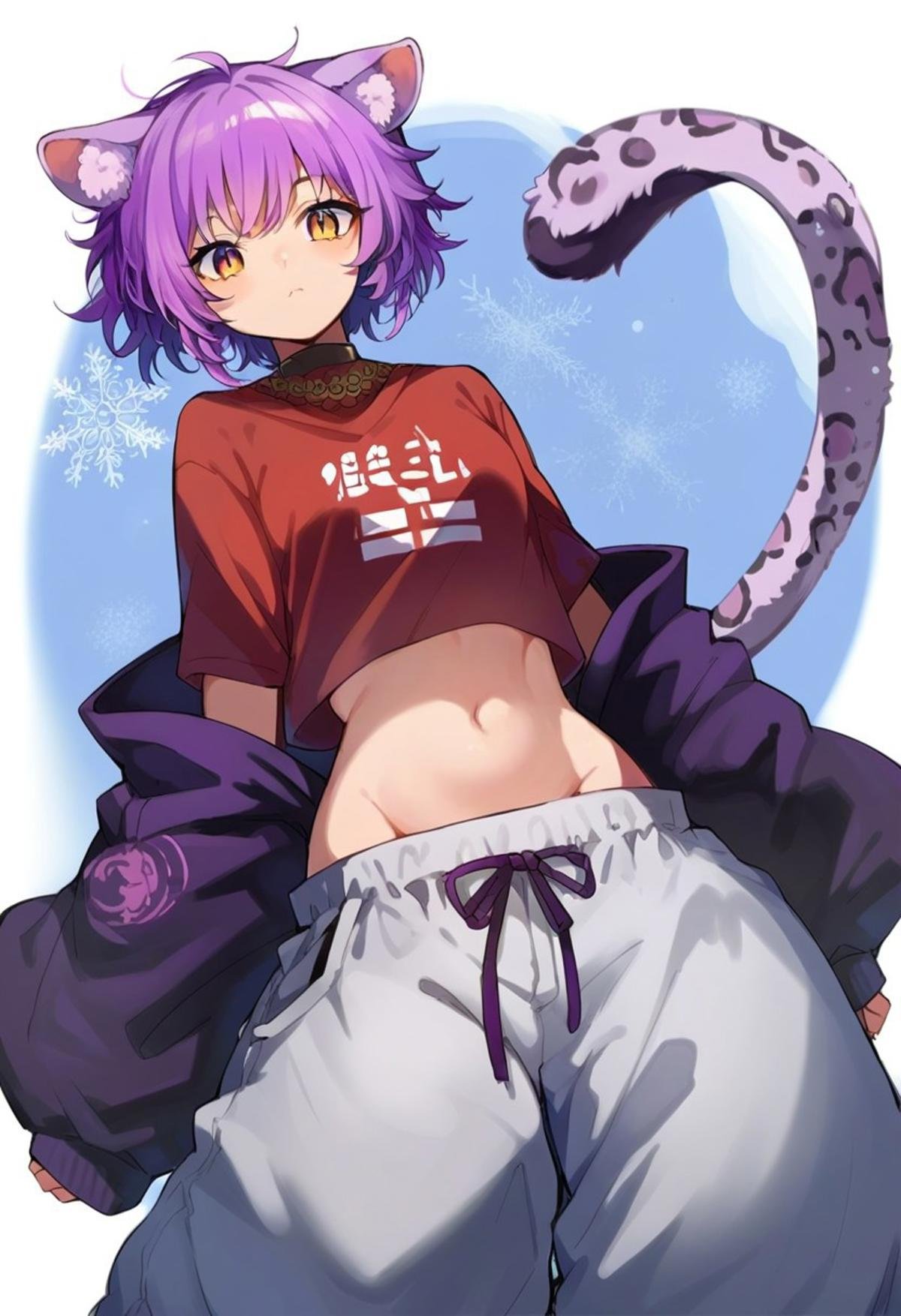 score_9, score_8_up, score_7_up, source anime, {{tags}}, solo, kuronagamimi, cat girl, cat ears, cat tail, animal ear fluff, purple hair, snow leopard fur, big fluffy paws, Dungeons and Dragons, baggy pants, midriff, shirt