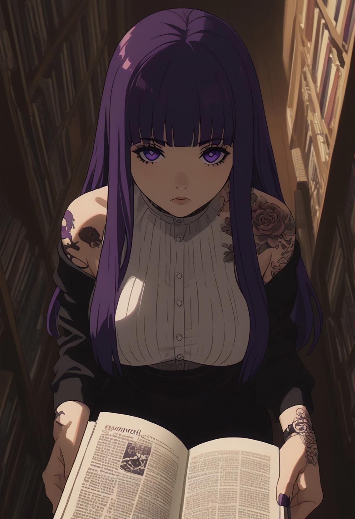 score_9, score_8_up, score_7_up, score_6_up, anime, cute goth girl, patFern, purple hair, long hair, purple eyes, antique bookstore, tattoos, holding a comic reading, looking up at viewer, pov from above, large natural breasts, hips, flat tummy, cinematic angle, cinematic lighting, solo focus