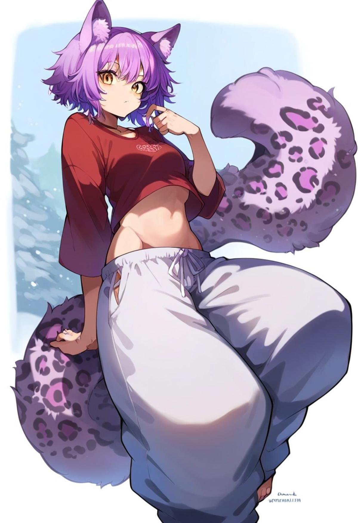 score_9, score_8_up, score_7_up, source anime, {{tags}}, solo, kuronagamimi, cat girl, cat ears, cat tail, animal ear fluff, purple hair, snow leopard fur, big fluffy paws, Dungeons and Dragons, baggy pants, midriff, shirt