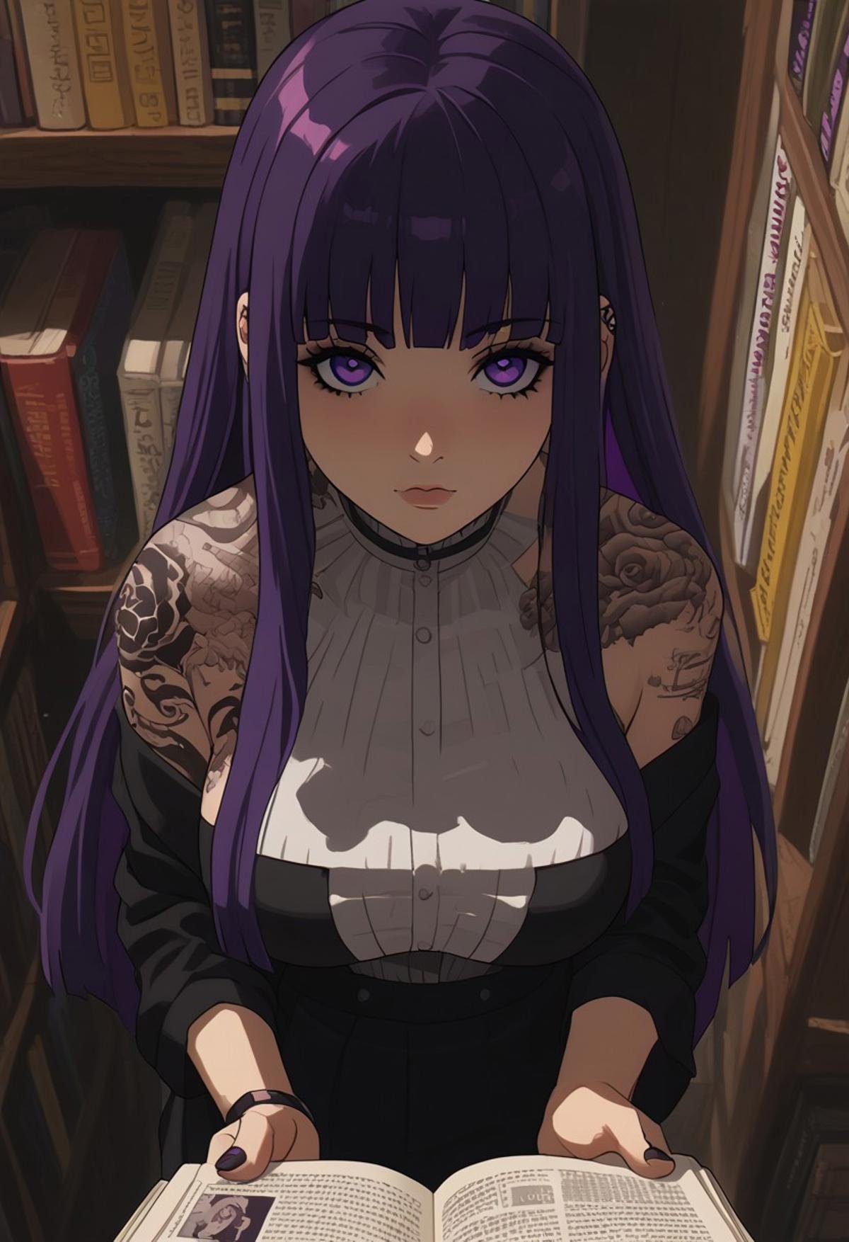 score_9, score_8_up, score_7_up, score_6_up, anime, cute goth girl, patFern, purple hair, long hair, purple eyes, antique bookstore, tattoos, holding a comic reading, looking up at viewer, pov from above, large natural breasts, hips, flat tummy, cinematic angle, cinematic lighting, solo focus