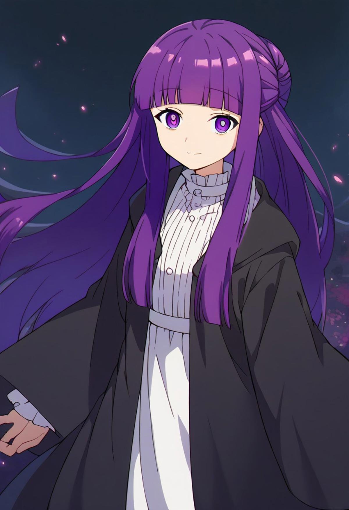 score_9, score_8_up, score_7_up, source anime, {{tags}}, solo, patFern, long hair, bangs, purple eyes, purple hair, sidelocks, blunt bangs, bright pupils, half updo, long sleeves, dress, white dress, long dress, robe, black robe,smile, looking at viewer, Dungeons and Dragons, 