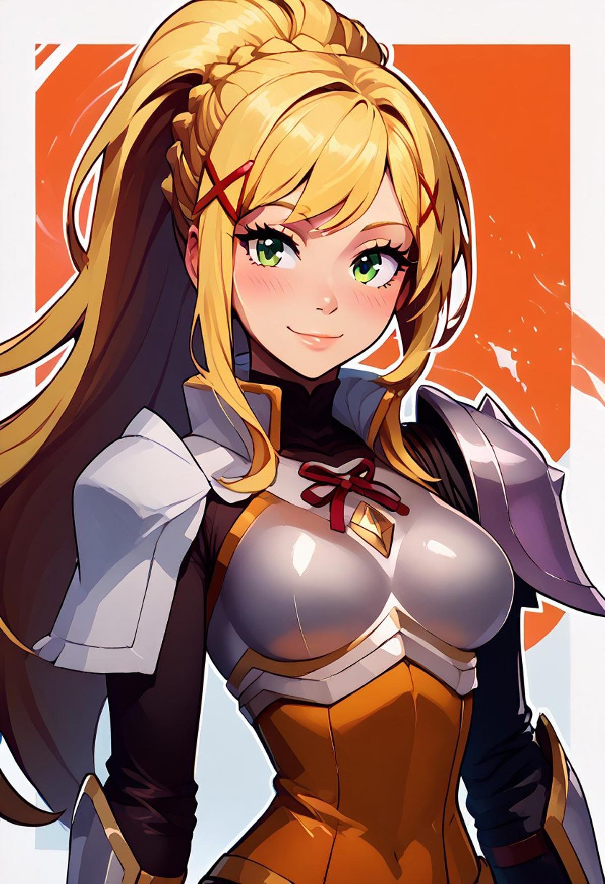 score_9, score_8_up, score_8, medium breasts, (curvy), cute, eyelashes,     rating safe, BREAK,lalatina dustiness ford, long hair, green eyes, blonde hair, hair ornament, ponytail, braid, x hair ornament, gloves, armor, bodysuit, shoulder armor, armored dress, wide hips, blushing, looking at viewer, upper body, big breasts, narrow waist, smile.BREAK,smile, looking at viewer, abstract fire background, white outline, zPDXL, Expressiveh