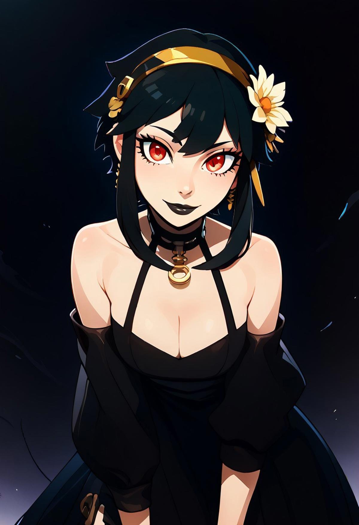 score_9, score_8_up, score_7_up, pretty girl, vivid bright colors, highly sexual poses, pinup art, solo, black lips, goth, fishnet, bare shoulders, leaning forward, cleavage, choker, full lips,   BREAK,  YorForger,1girl,black hair, red eyes, short hair with long locks, gold hairband, hair flower, black choker, black dress, sleeveless, off shoulder, floral print, fingerless gloves, black footwear, thigh holding dagger,   BREAK,   smile, looking at viewer, abstract background, thorns, dark theme, white outline, upper body,  embedding:zPDXL, Expressiveh