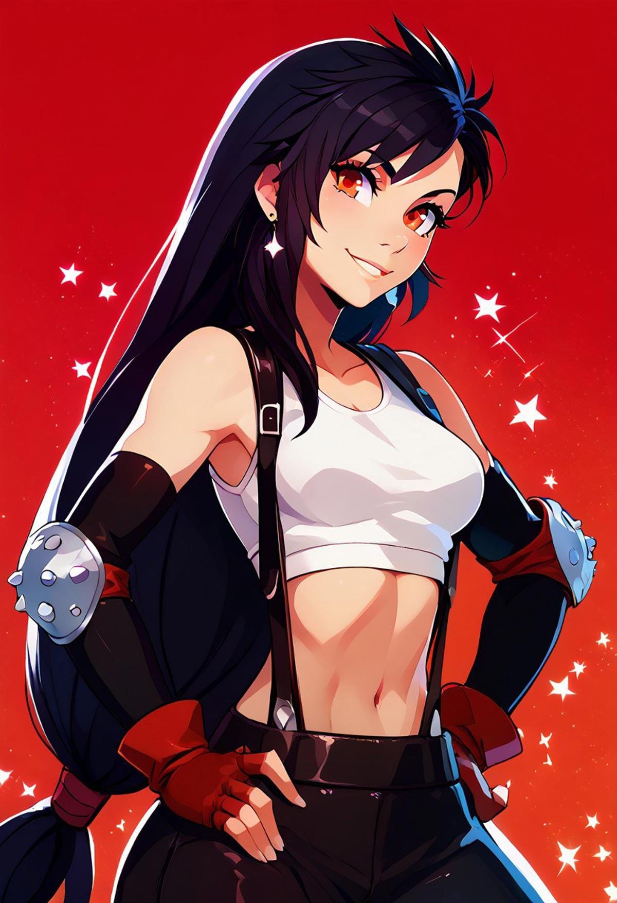 score_9, score_8_up, score_8, medium breasts, (curvy), cute, eyelashes,     rating safe, BREAK,defTif, red eyes, black hair, low-tied long hair, earrings, white sports bra, black suspenders, black miniskirt, arm warmers, black elbow gloves, elbow pads, red gloves, hand on hip, smile,  BREAK,smile, looking at viewer, abstract red background, white outline, cowboy shot, sparkles, zPDXL, Expressiveh