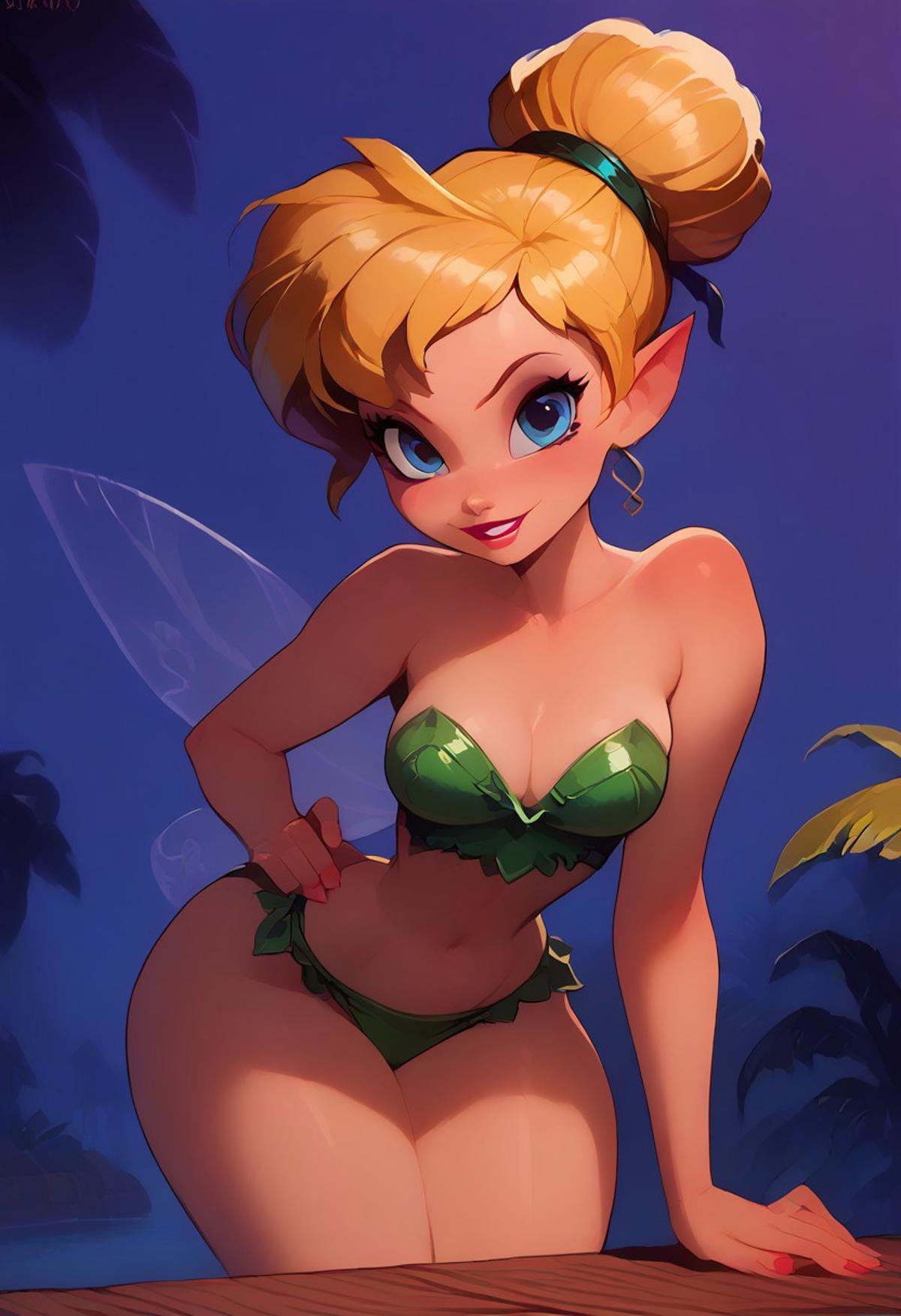 score_9, score_8_up, score_7_up,  pretty girl, vivid bright colors, highly sexual poses,  pinup art, solo,  TinkerWaifu, medium breasts, narrow waist, fairy wings, blonde hair, blue eyes, hair bun, solo, smiling, looking at viewer, green bikini, outside, tropical beach, leaning forward,