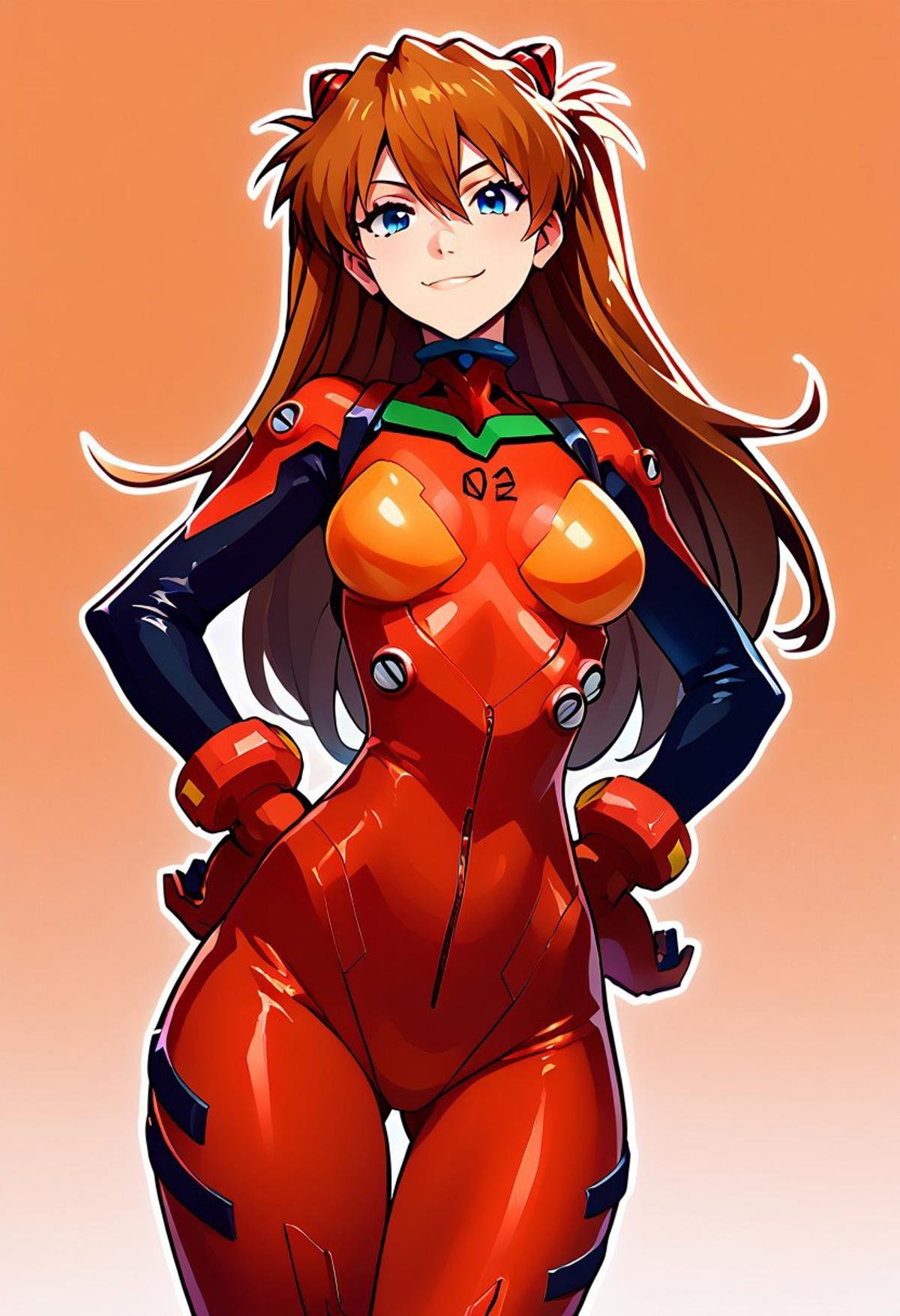 score_9, score_8_up, score_8, big breasts, (curvy), cute, eyelashes,     rating safe, BREAK,asuka langley soryu, long hair, bangs, blue eyes, brown hair, hair ornament, bodysuit, pilot suit, plugsuit, red bodysuit, interface headset, BREAK,dynamic pose, smile, smug, hand on hip, smile, looking at viewer,  abstract background, mech in background, white outline, cowboy shot,  zPDXL, Expressiveh