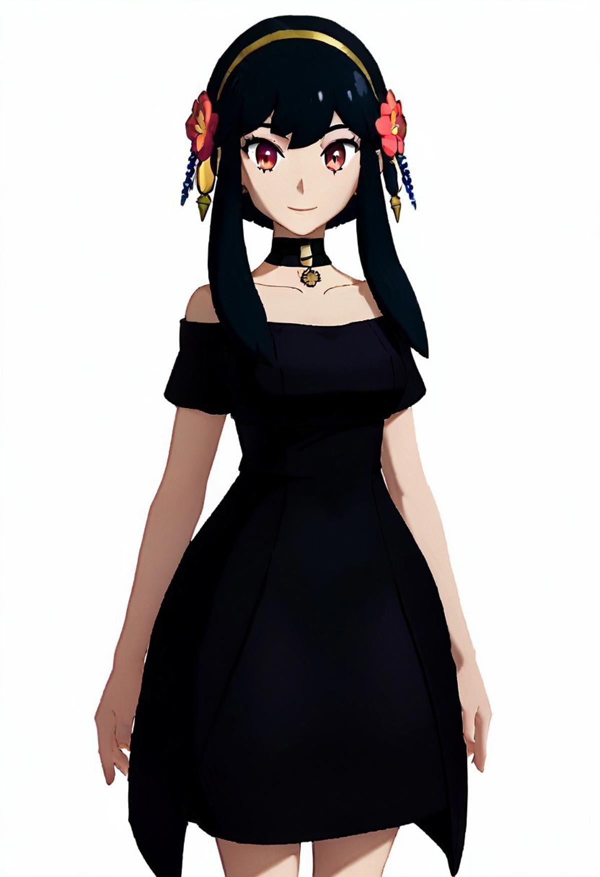 score_9, score_8_up, score_7_up, pretty girl, vivid bright colors, highly sexual poses, pinup art, solo, big breasts,  YorForger,1girl,black hair, red eyes, short hair with long locks, gold hairband, hair flower, black choker, black dress, sleeveless, off shoulder, floral print, BREAK,   smile, looking at viewer, PDXL, Expressiveh