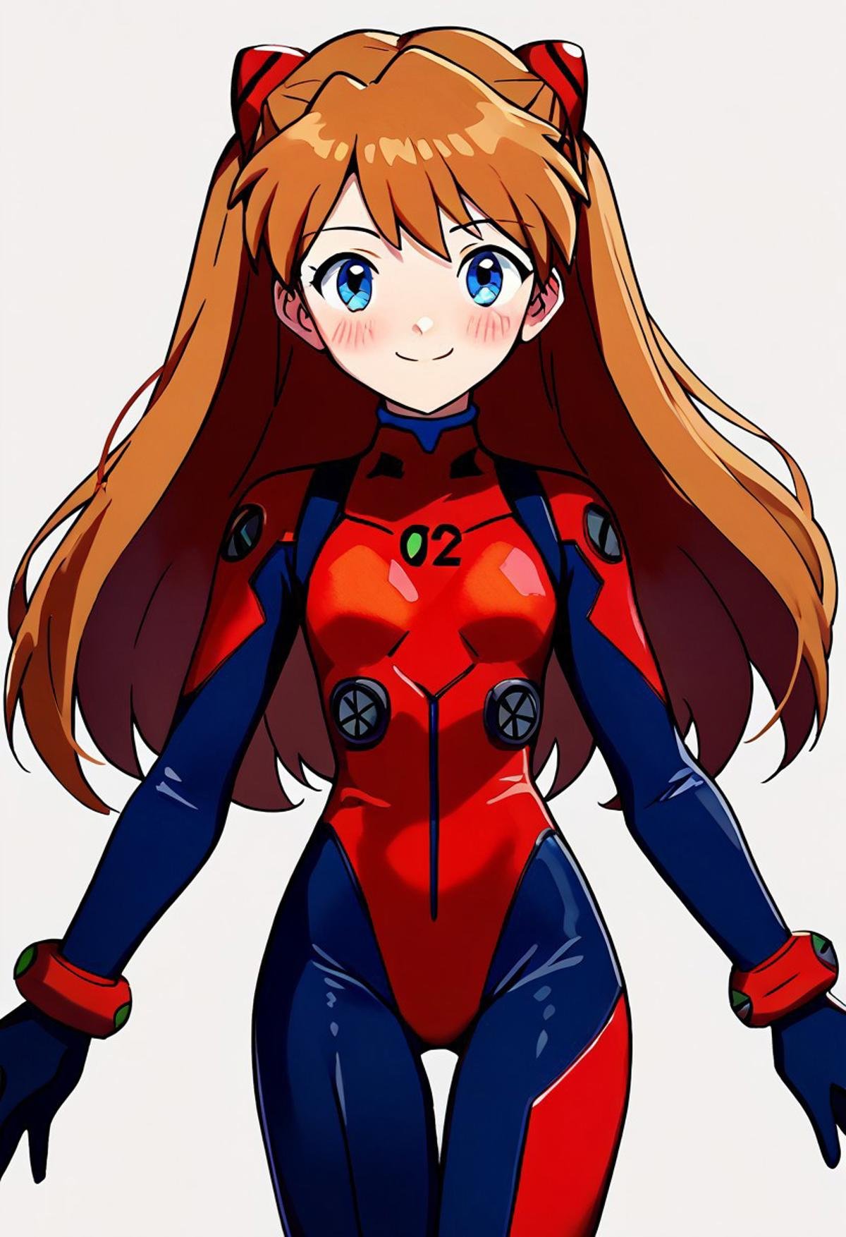 score_9, score_8_up, score_7_up, pretty girl, vivid bright colors, solo,  smile, looking at viewer,  asuka langley soryu, long hair, bangs, blue eyes, brown hair, hair ornament,bodysuit, pilot suit, plugsuit, red bodysuit, interface headset,cowboy shot, smile, blush, 