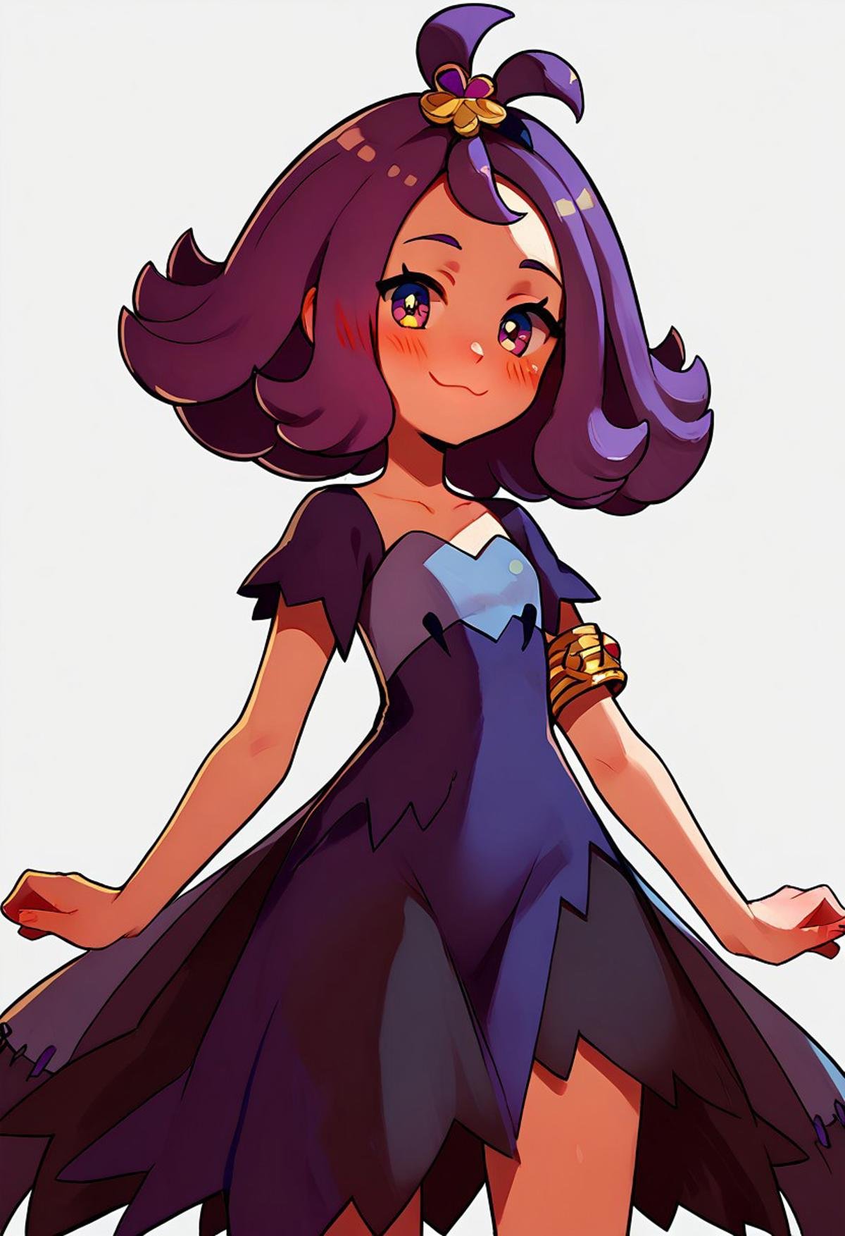 score_9, score_8_up, score_7_up, pretty girl, vivid bright colors, highly sexual poses, pinup art, solo,  smile, looking at viewer,  Acerola, purple dress, torn dress, hair ornament, armlet,  short sleeves, stitches, cowboy shot, smile, blush, 