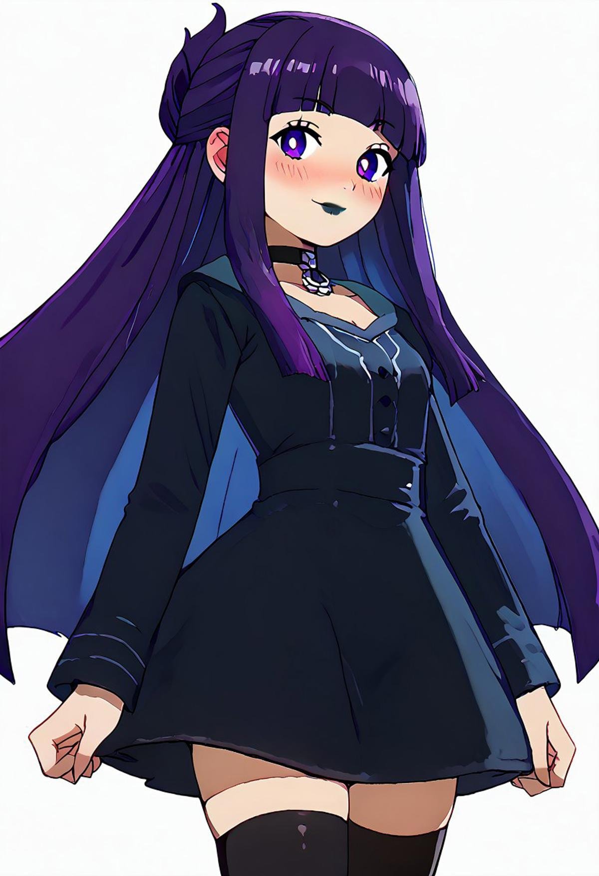 score_9, score_8_up, score_7_up, pretty girl, vivid bright colors, patFern, long hair, bangs, purple eyes, purple hair, sidelocks, blunt bangs, bright pupils, half updo, goth, black lipstick, choker, dyed hair, tight dress, thighhighs, fishnet, blush, looking at viewer, cowboy shot, dutch angle, solo, smile, blush,