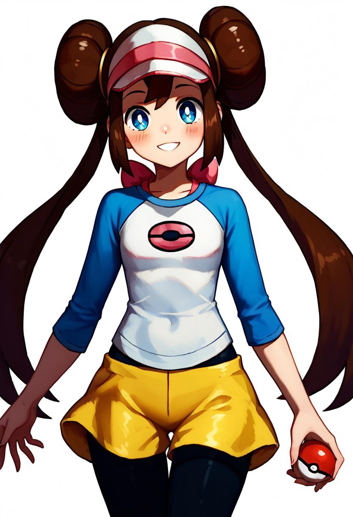 score_9, score_8_up, score_7_up, pretty girl, vivid bright colors, solo,  smile, looking at viewer,  rosa, brown hair, twintails, double bun, blue eyes, 2default2, white shirt, raglan sleeves, pink bow, visor cap, yellow shorts, black pantyhose, holding pokeball, cowboy shot, cowboy shot, smile, blush, 