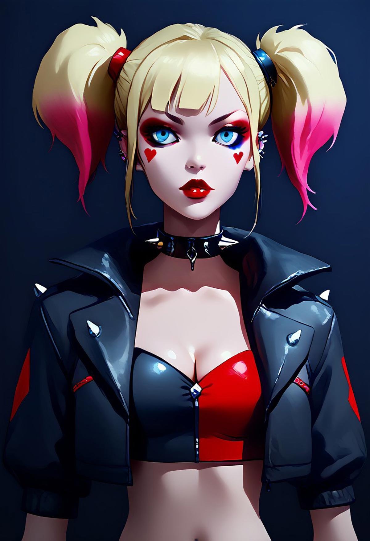 score_9, score_8_up, score_8, score_9,  harley quinn, bangs, blue eyes, blonde hair, twintails, blue hair, multicolored hair, choker, gradient hair, makeup, piercing, pink hair, lips, lipstick, red lips, jacket, open clothes, , crop top, cropped jacket, spiked bracelet, spiked collar,, cleavage,dark goddess, perfect face, smooth skin, cleavage, cinematic lighting, dark, seductive, perfect anatomy, focus, detailed, high definition, (bedroom), Expressiveh, g0thicPXL, concept art, realistic, low-key, chiaroscuro