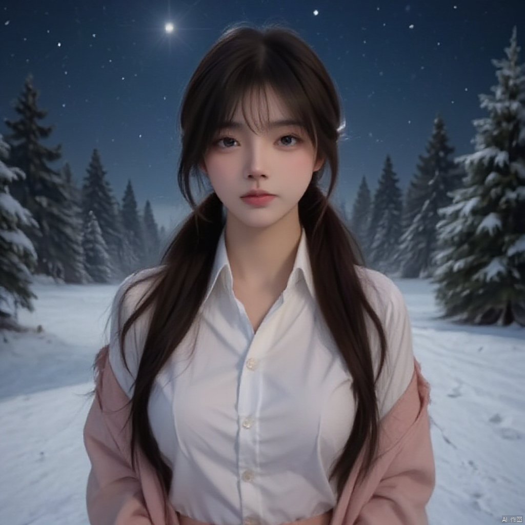 masterpiece, best quality, night, in winter, snow, masterpiece,best quality,official art,extremely detailed CG unity 8k wallpaper, night, huge_filesize, album, girl,hair over shoulder, hair bun,looking at viewer, small breasts,white shirt,pink jacket,best shadow,starry sky,bust










