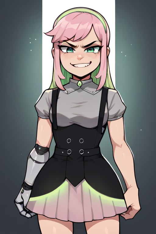 2D, score_9, score_8_up, score_7_up, BREAK, 1girl, solo, EvelynClaythorne, Pink Hair, Green Eyes, mechanical arm, headband, grey shirt, black overalls, suspenders, skirt, smug, green lights