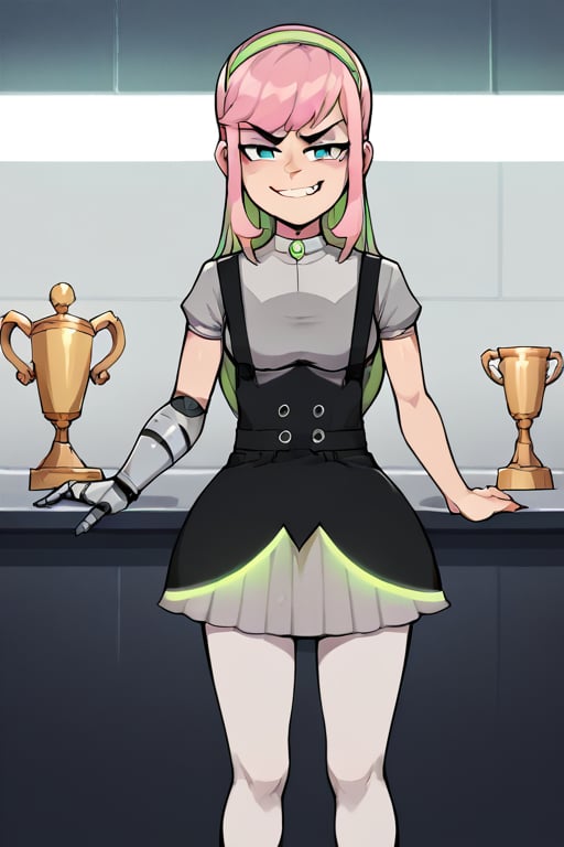 2D, score_9, score_8_up, score_7_up, BREAK, 1girl, solo, EvelynClaythorne, Pink Hair, Green Eyes, mechanical arm, headband, grey shirt, black overalls, suspenders, skirt, white socks, trophy, smug, green lights