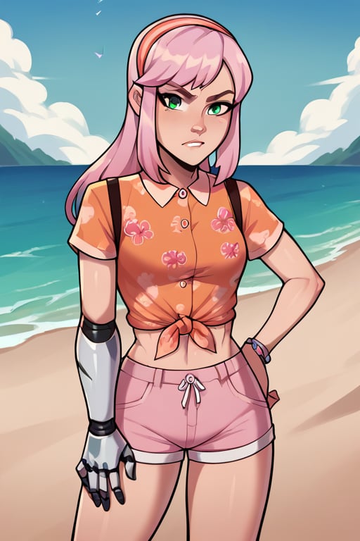 2D, score_9, score_8_up, score_7_up, BREAK, 1girl, EvelynClaythorne, Pink Hair, Green Eyes, mechanical arm, headband, hawaiian shirt, shorts, beach