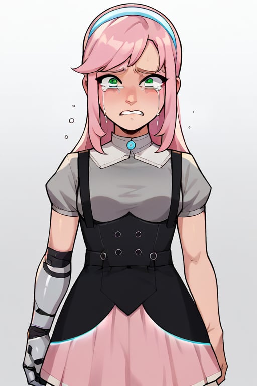 2D, score_9, score_8_up, score_7_up, BREAK, 1girl, solo, EvelynClaythorne, Pink Hair, Green Eyes, mechanical arm, headband, grey shirt, black overalls, suspenders, skirt, crying, blue lights