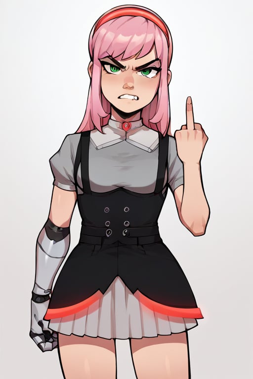 2D, score_9, score_8_up, score_7_up, BREAK, 1girl, solo, EvelynClaythorne, Pink Hair, Green Eyes, mechanical arm, headband, grey shirt, black overalls, suspenders, skirt, middle finger, red lights