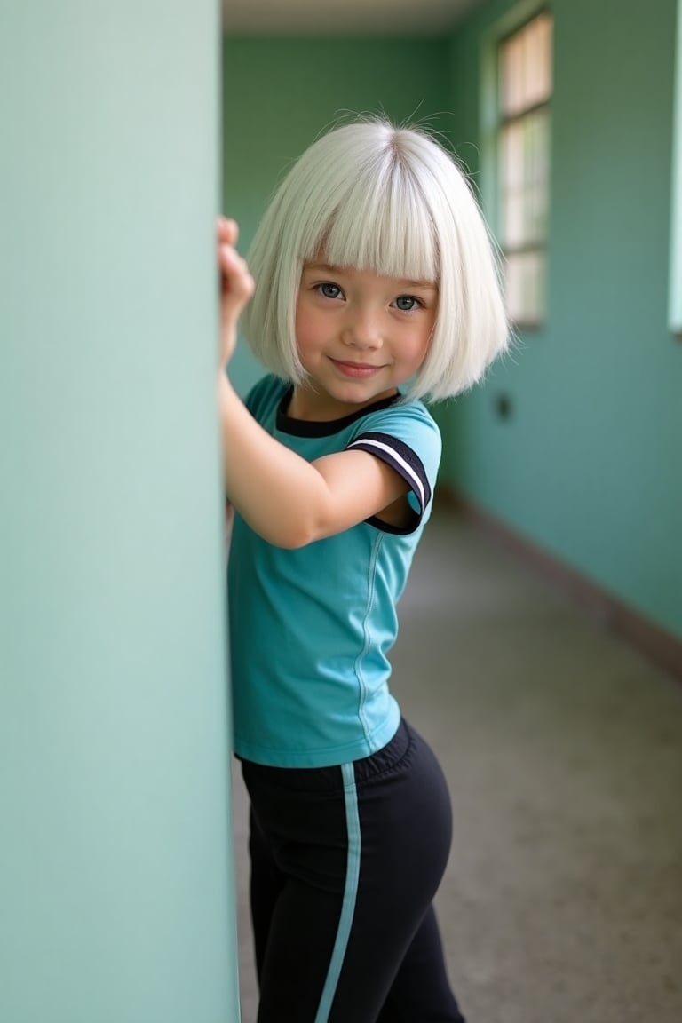 A playful tween girl with pale skin and young face and her hair is a vibrant white bobcut with sharp,  blunt bangs framing...