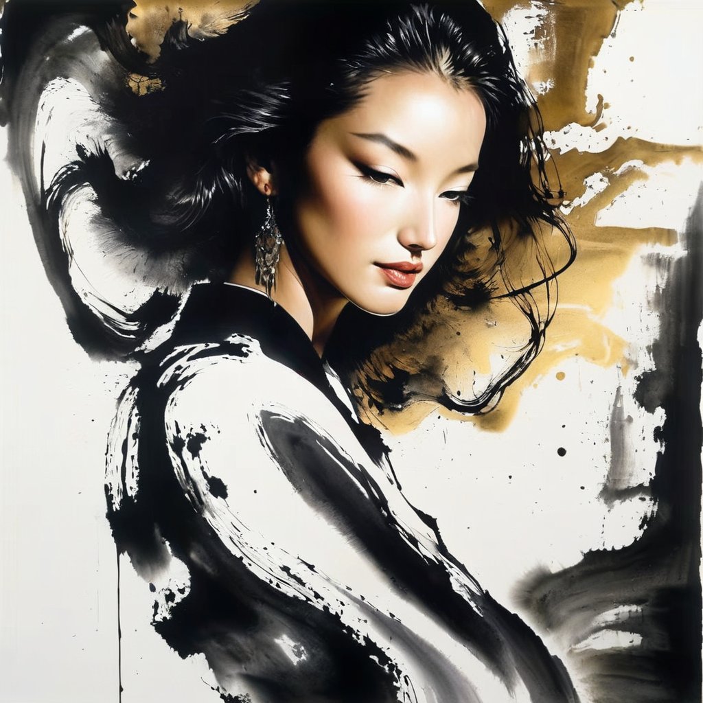 1 girl face is photorealism  , danceing (( Ink Playing  )),Splash Ink