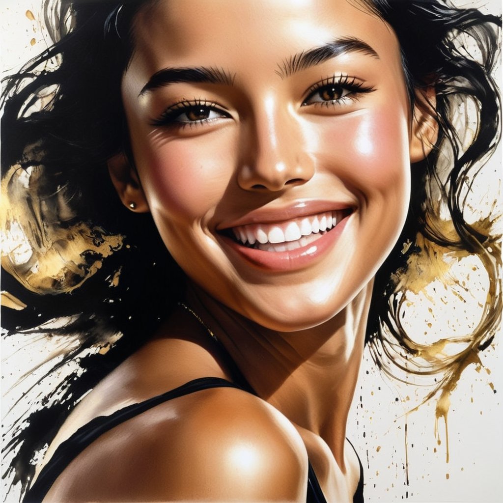 1 danceing girl face is photorealism , with (Goden / black) hair and a beautiful smile. ,Splash Ink,White Background