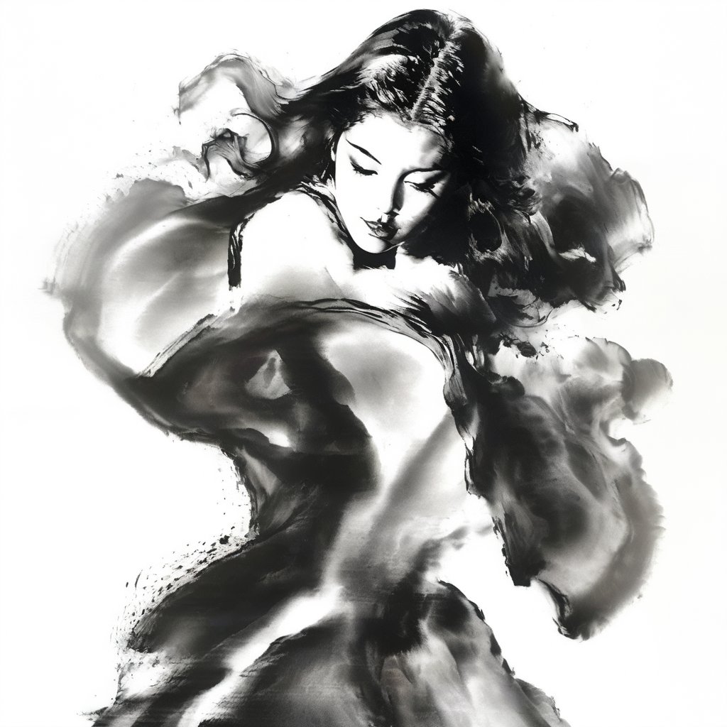 1 girl face is photorealism  , danceing (( Ink Playing  )), Dynamic,Solarization,white background, Dynamic Solarization,Monochrome,Splash Ink