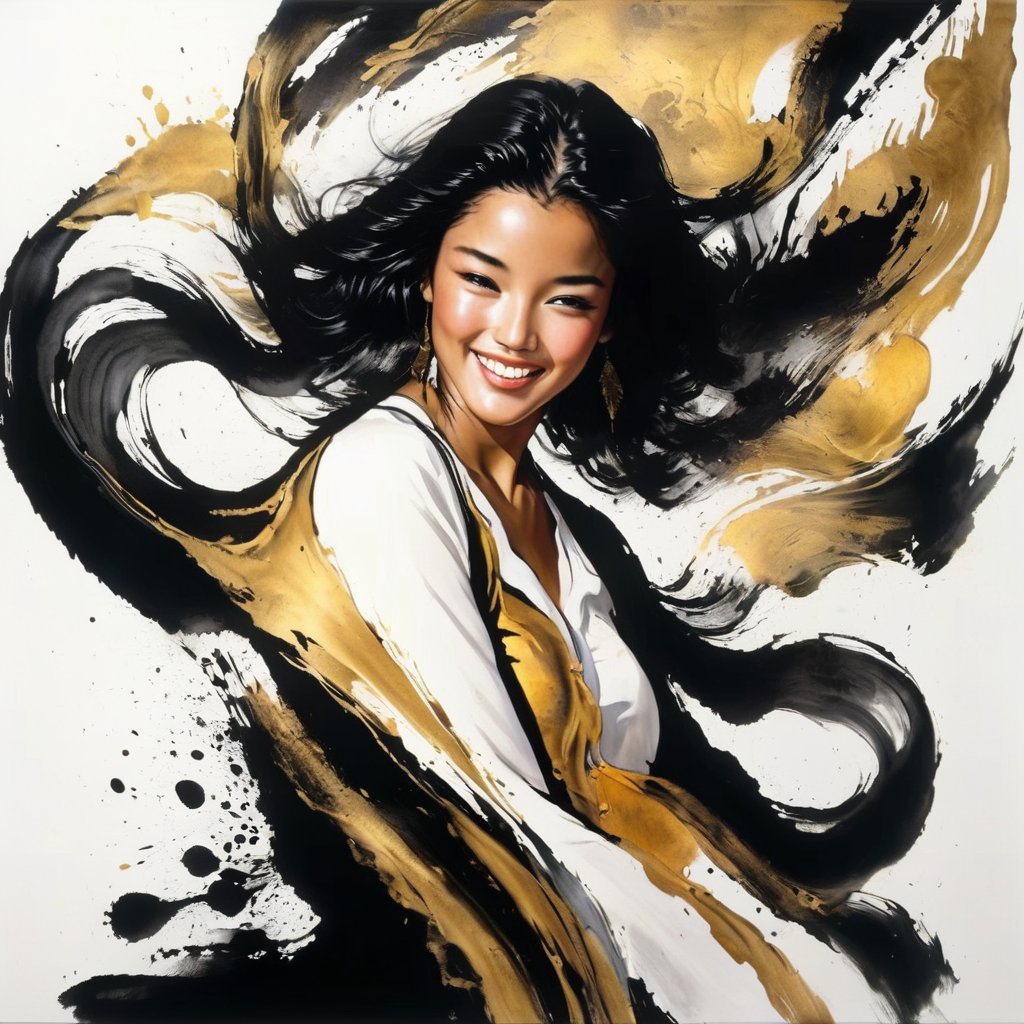 1 danceing girl face is photorealism , with (Goden / black) hair and a beautiful smile. ,Splash Ink,White Background