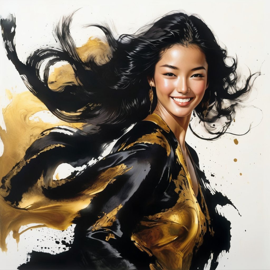 1 danceing girl face is photorealism , with (Goden / black) hair and a beautiful smile. ,Splash Ink,White Background