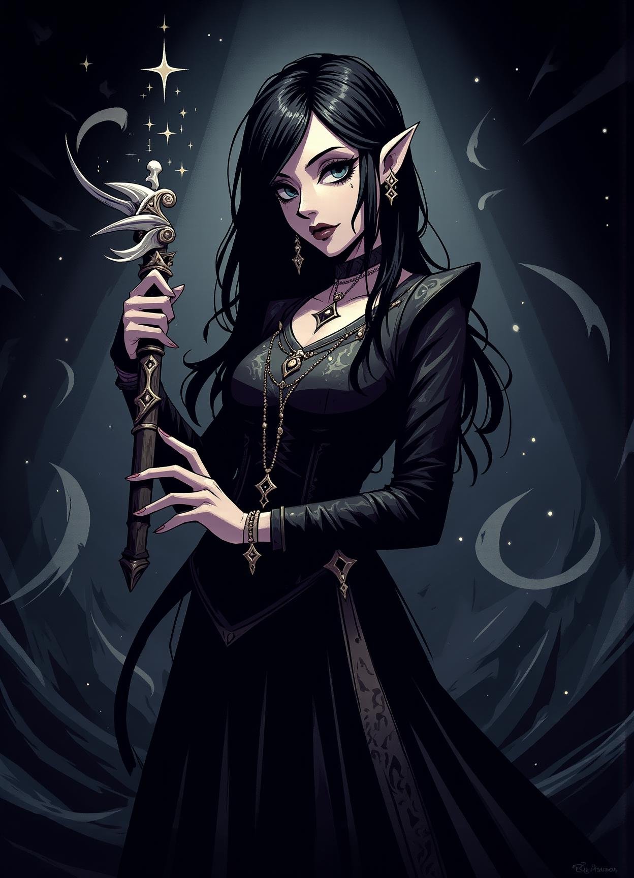 sfw,digital illustration, 2d, dark, hallow eyes,  female theofrax, , scepter of the mage-king