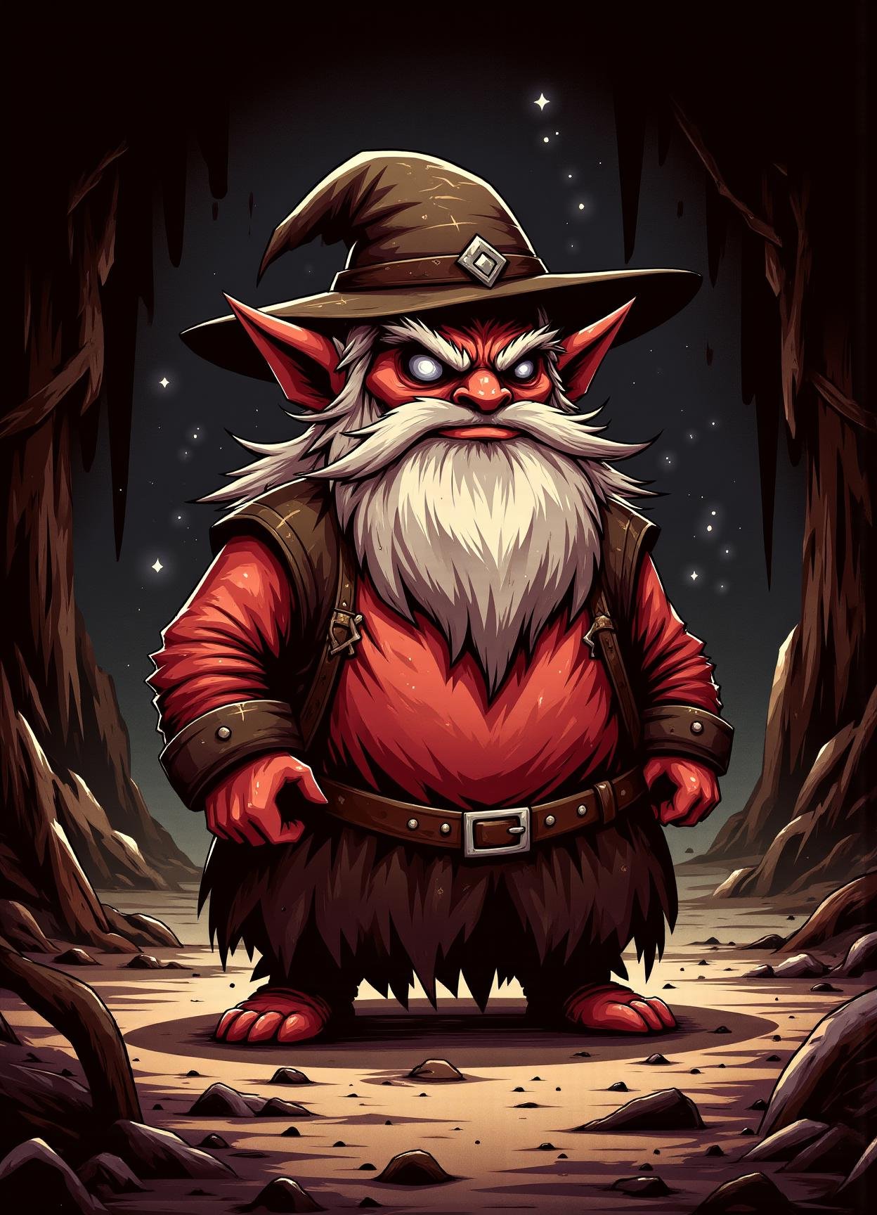 sfw,digital illustration, 2d, dark, hallow eyes,  diablo, small humanoid creature, stocky and stout appearance, long white beard, pointed hat, red or earth toned, rounded belly, rosy cheeks, practical earthy clothing, connection to earth and nature, underground settings, craftsmanship, earth magic, friendly, industrious