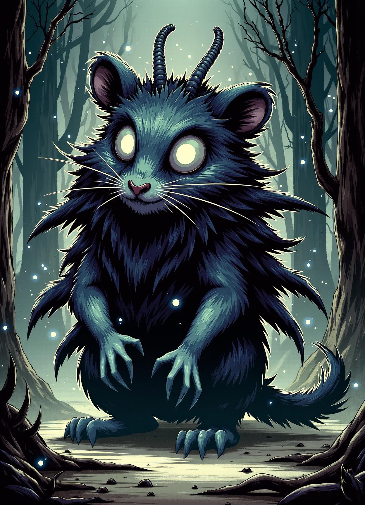 sfw,digital illustration, 2d, dark, hallow eyes,  enormous enchanted webbed industrial rodent life form,  furry appendages,  bushy-tailed, fuzzy fur,  rounded ears,    # helical horns,  #