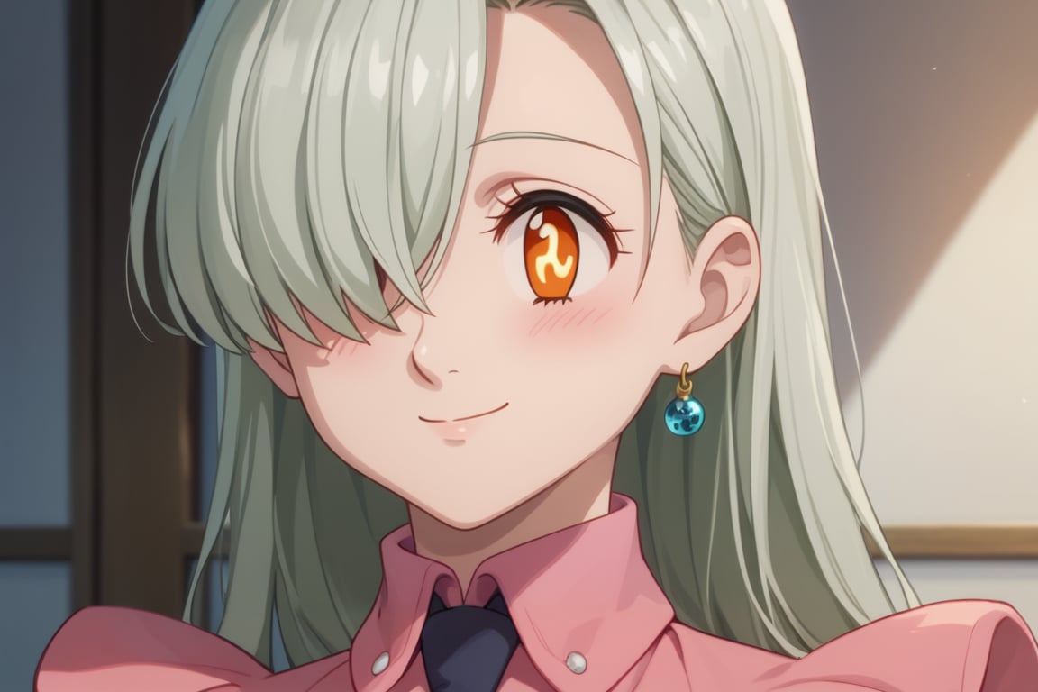 score_9, score_8_up, score_7_up,elizabeth, looking at viewer, blush, smile, orange eyes,  +_+, symbol-shaped pupils, glowing eyes, shirt, jewelry, closed mouth, earrings, necktie, collared shirt, hair over one eye, shiny hair, parody, pink shirt, single earring, anime coloring