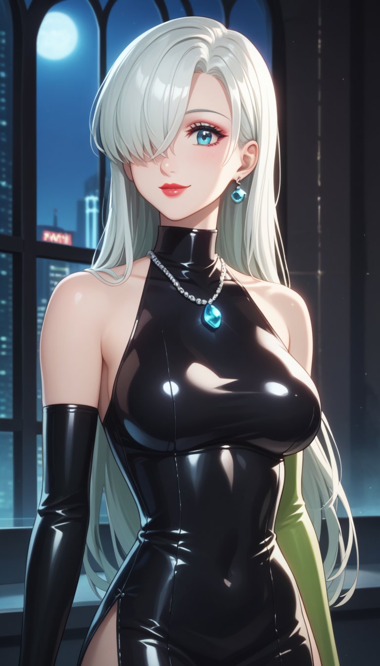 score_9, score_8_up, score_7_up, elizabeth, long hair, blue eyes, white hair, hair over one eye, single earring,, lips, smile, lipstick, makeup, ((black crystal earrings, jewelry)). Dark dress, black latex, black sleeveless dress, turtleneck_dress, short dress, elbow gloves, green gloves, thighhighs, large necklace, ((gemstone necklace:1.2)), standing, Modern luxury lounge with dim lighting, featuring sleek black leather sofas, glass tables, and soft ambient lighting from wall sconces. A large window in the background reveals a city skyline at night, adding a touch of sophistication to the scene