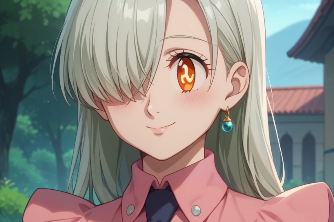 score_9, score_8_up, score_7_up,elizabeth, looking at viewer, blush, smile, orange eyes,  +_+, symbol-shaped pupils, glowing eyes, shirt, jewelry, closed mouth, earrings, necktie, collared shirt, hair over one eye, shiny hair, parody, pink shirt, single earring, anime coloring