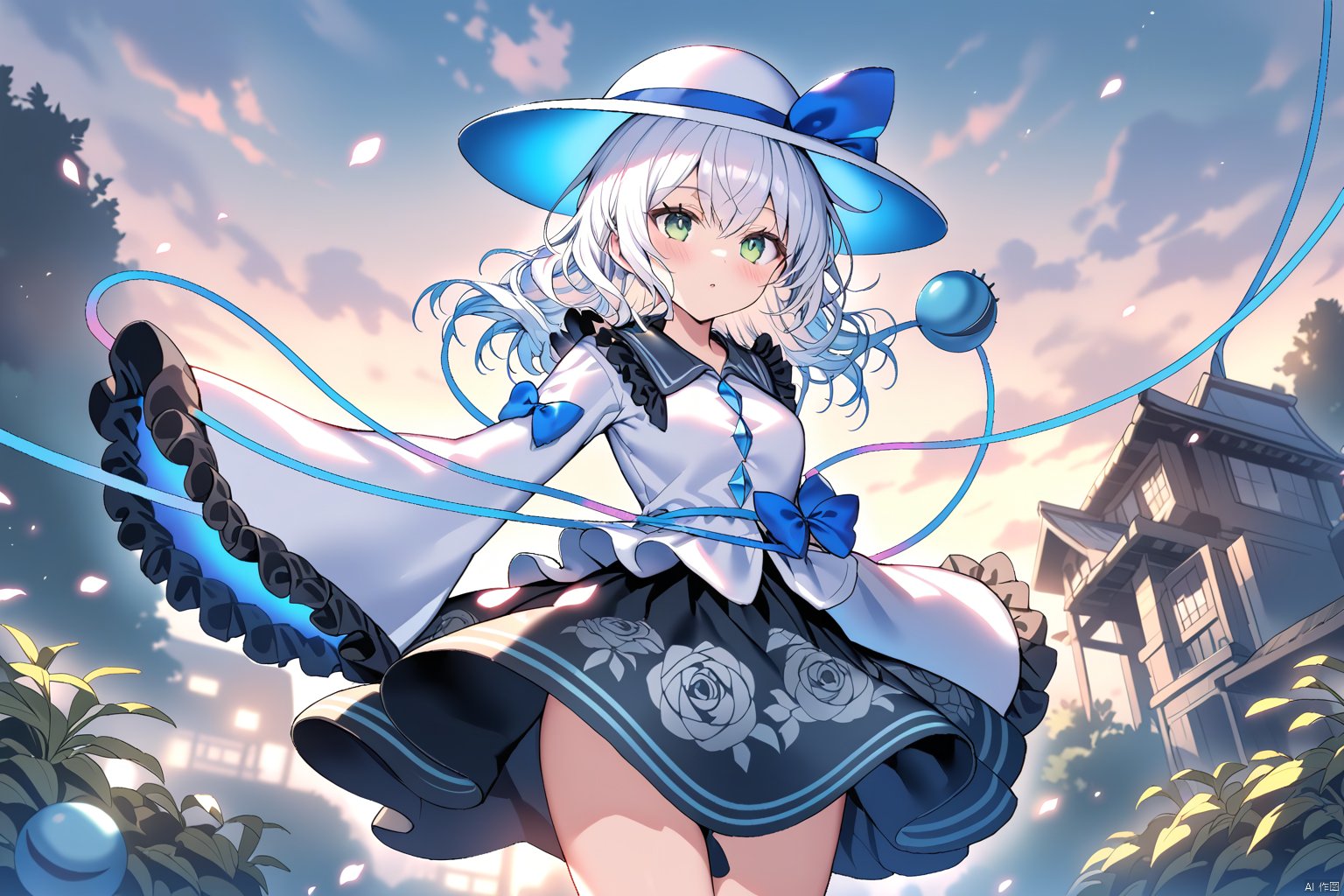 masterpiece,best quality,illustration,ultra detailed,hdr,Depth of field,(colorful),Artist rokusai,dusk,under tree,1girl,white hair,third_eye, white shirt, white_hat,frilled_sleeves,frilled_shirt_collar, wide_sleeves, hat_bow, dark_blue_skirt, heart_of_string, blue_bow, hat_ribbon, diamond_button, blue_ribbon, eyeball,whiteKoishi,green_eyes