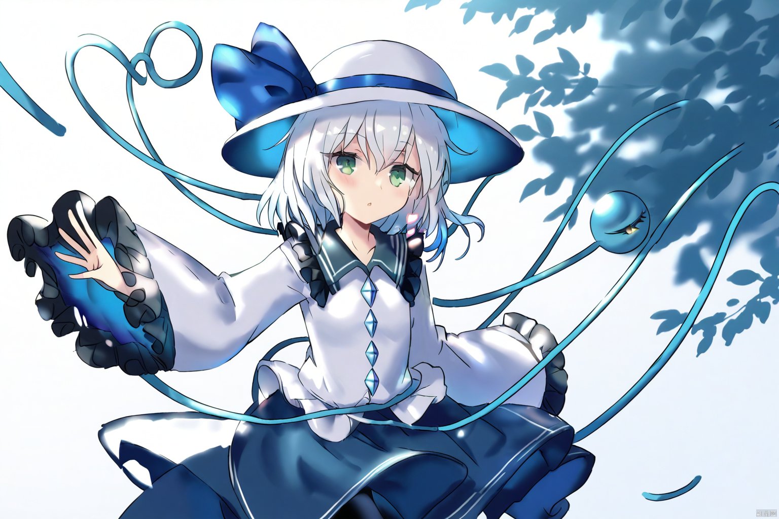 masterpiece,best quality,illustration,ultra detailed,hdr,Depth of field,(colorful),Artist rokusai,dusk,under tree,1girl,white hair,third_eye, white shirt, white_hat,frilled_sleeves,frilled_shirt_collar, wide_sleeves, hat_bow, dark_blue_skirt, heart_of_string, blue_bow, hat_ribbon, diamond_button, blue_ribbon, eyeball,whiteKoishi,green_eyes