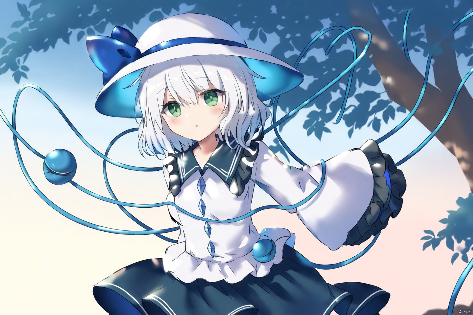 masterpiece,best quality,illustration,ultra detailed,hdr,Depth of field,(colorful),Artist rokusai,dusk,under tree,1girl,white hair,third_eye, white shirt, white_hat,frilled_sleeves,frilled_shirt_collar, wide_sleeves, hat_bow, dark_blue_skirt, heart_of_string, blue_bow, hat_ribbon, diamond_button, blue_ribbon, eyeball,whiteKoishi,green_eyes