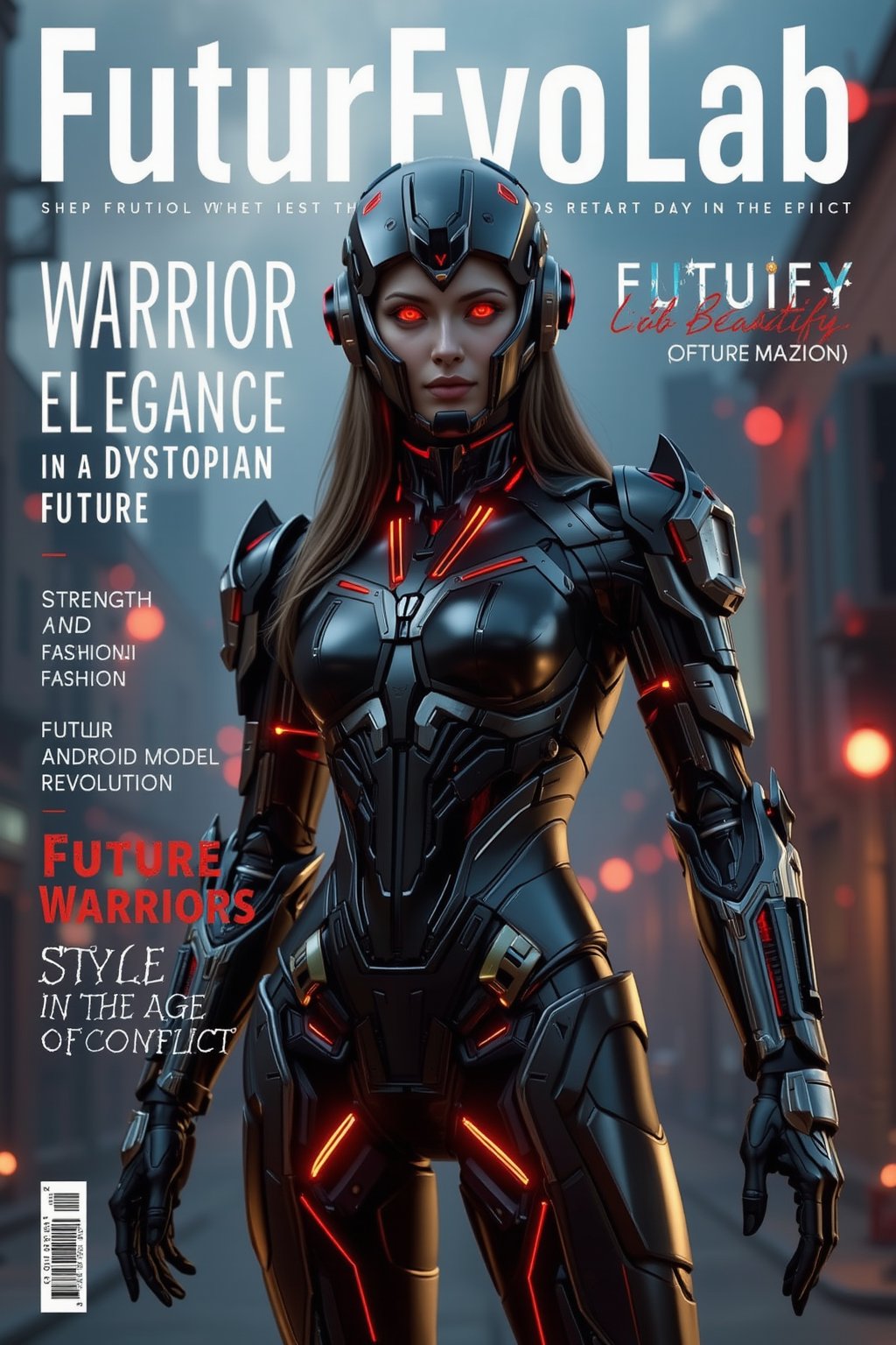 A dynamic magazine cover featuring a female android in sleek, matte black armor, designed for both combat and style. Her pose is confident, standing against a backdrop of a futuristic, dystopian city with smog-filled skies and glowing red lights. The intricate details of her armor and her glowing red eyes hint at both power and allure. The title of the magazine, **"FuturEvoLab"**, is displayed at the top, with additional headlines: - **"Warrior Elegance: Fashion in a Dystopian Future"** - **"Strength and Beauty: The Android Model Revolution"** - **"Future Warriors: Style in the Age of Conflict"**. The cover combines elements of sci-fi action and fashion, creating a unique blend of strength, style, and futuristic allure, FuturEvoLabBeautify, FuturEvoLabBeautify, Smile, FuturEvoLabBeautify, FuturEvoLabArmor, 