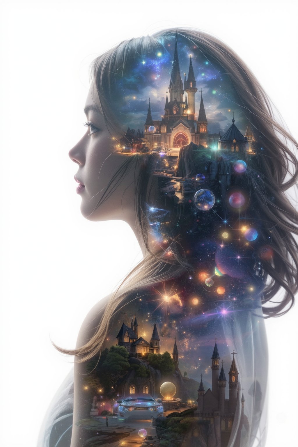 Girl's silhouette aglow against a mystical landscape, a fantastical realm unfolding with towering spires and glowing orbs. Close-up on her profile, as if lit by an ethereal light. Double exposure effect layers her delicate features over the whimsical scenery. White background serves as a canvas for vibrant colors to dance across. Inspired by Studio Ghibli's whimsy, this image blends fantasy and reality in a lineart masterpiece.