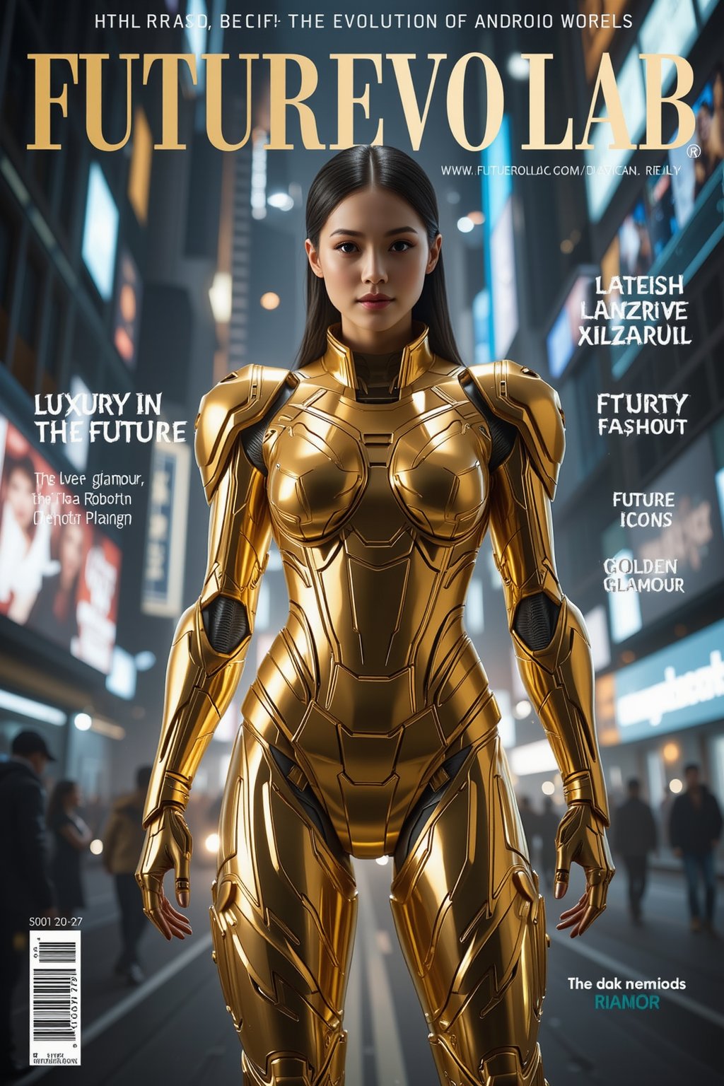 A high-tech magazine cover featuring a stunning female android in a luxurious, gold-plated mech-suit, glowing softly under the lights of a futuristic metropolis. Her armor is both protective and decorative, designed to enhance her figure while projecting power and sophistication. The background is filled with towering skyscrapers and digital billboards advertising the latest in cyber fashion. The title of the magazine, **"FuturEvoLab"**, is displayed at the top, with additional headlines: - **"Luxury in the Future: The Rise of High-Tech Fashion"** - **"Golden Glamour: Beauty in a Robotic World"** - **"Future Icons: The Evolution of Android Models"**. The cover exudes opulence and cutting-edge design, merging futuristic aesthetics with a sense of high fashion, FuturEvoLabBeautify, Smile, FuturEvoLabBeautify, FuturEvoLabArmor, 