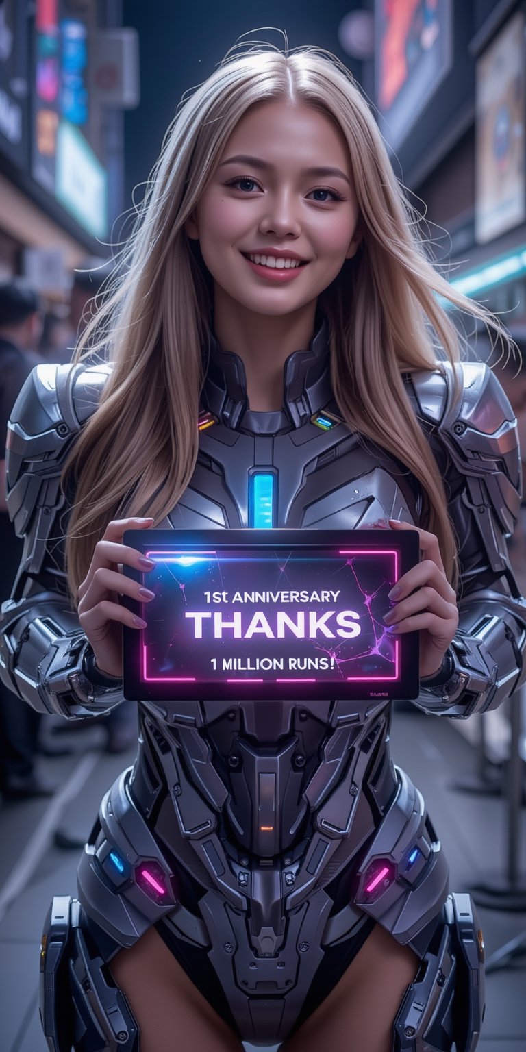 In a cyberpunk world, a stunning young woman with long, flowing hair, clad in mechanized battle armor, smiles warmly as she holds a sign that reads "1st Anniversary Thanks" and "1 Million Runs!" on an electronic screen. The image appears to be a hyper-realistic digital painting, showcasing intricate details and vivid colors. The woman's armor glistens with neon lights and sleek metallic surfaces, contrasting beautifully with her soft, flowing hair and gentle smile. The screen she holds emits a luminescent glow, enhancing the futuristic and captivating atmosphere of the scene. Her smile adds a touch of humanity and warmth to the cold, dystopian setting, blending technological advancement with beauty and emotion. This high-quality image captures the essence of both strength and grace in a hyper-futuristic world, inviting viewers to explore its immersive and enthralling atmosphere. FuturEvoLabMecha.