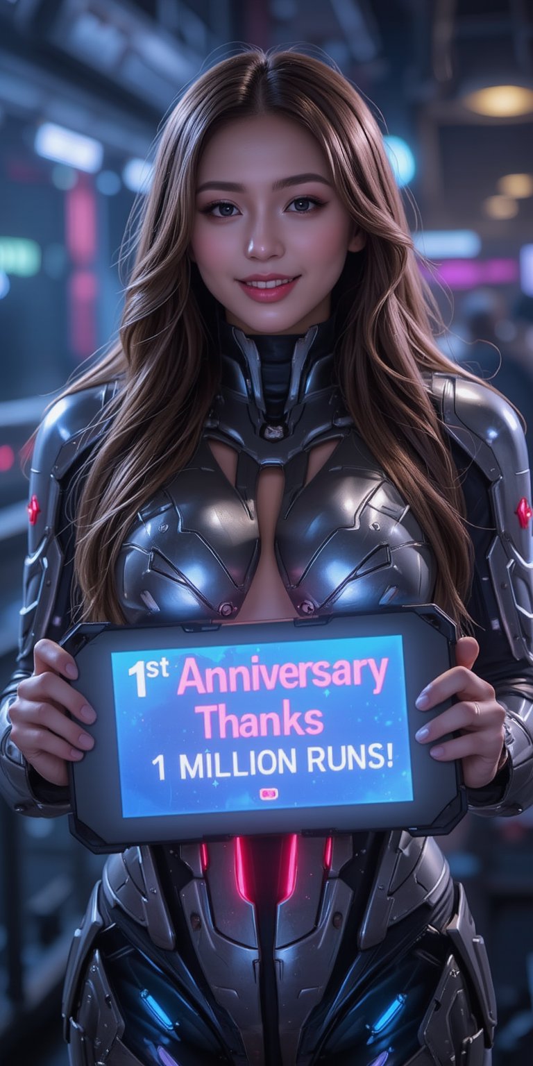 In a cyberpunk world, a stunning young woman with long, flowing hair, clad in mechanized battle armor, smiles warmly as she holds a sign that reads "1st Anniversary Thanks" and "1 Million Runs!" on an electronic screen. The image appears to be a hyper-realistic digital painting, showcasing intricate details and vivid colors. The woman's armor glistens with neon lights and sleek metallic surfaces, contrasting beautifully with her soft, flowing hair and gentle smile. The screen she holds emits a luminescent glow, enhancing the futuristic and captivating atmosphere of the scene. Her smile adds a touch of humanity and warmth to the cold, dystopian setting, blending technological advancement with beauty and emotion. This high-quality image captures the essence of both strength and grace in a hyper-futuristic world, inviting viewers to explore its immersive and enthralling atmosphere. FuturEvoLabMecha.