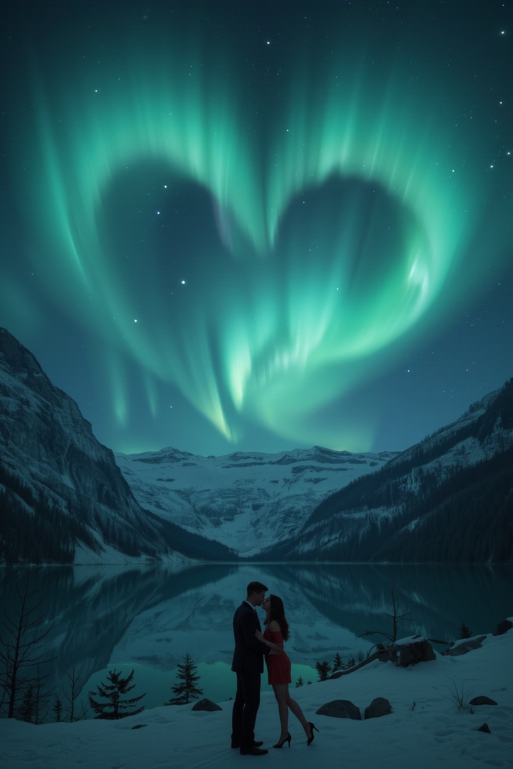 (Heart shaped:1.2) aurora borealis, over snowy mountains, lake, people kissing, high quality, extreme details, masterpiece