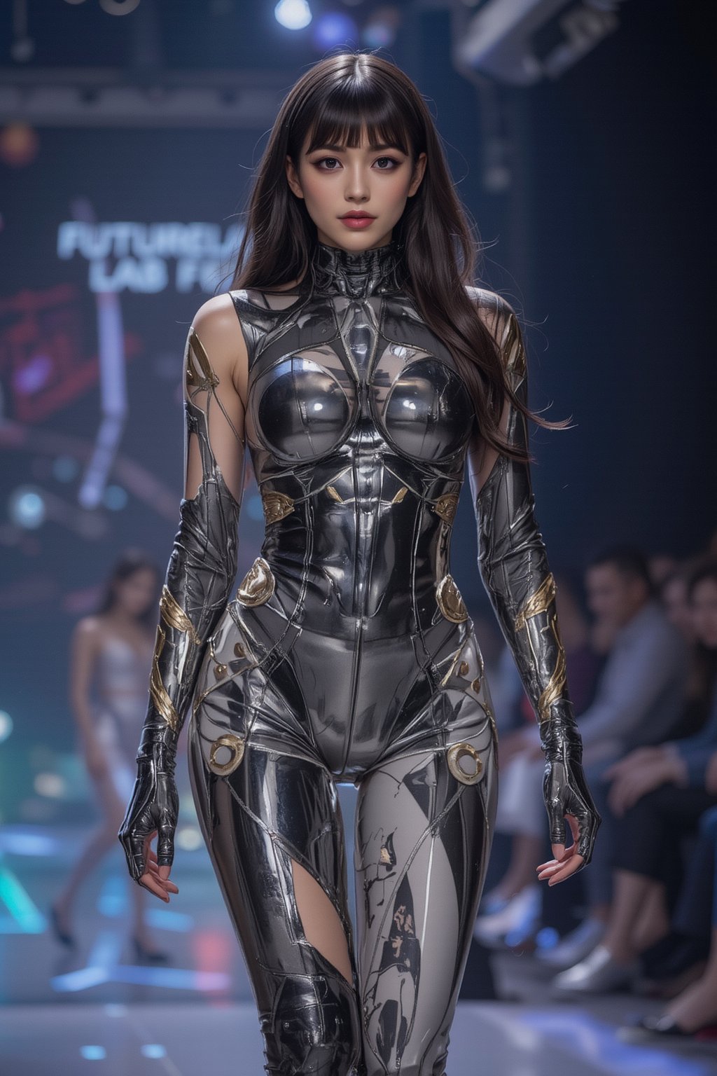 A glamorous female robot on the runway, dressed in a form-fitting latex bodysuit with a chrome finish, reflecting the lights of the catwalk. Bold metallic makeup, sleek visor, and robotic limbs adorned with intricate gold accents. Sci-fi fashion show, neon lighting and modern futuristic decor, FuturEvoLabMecha