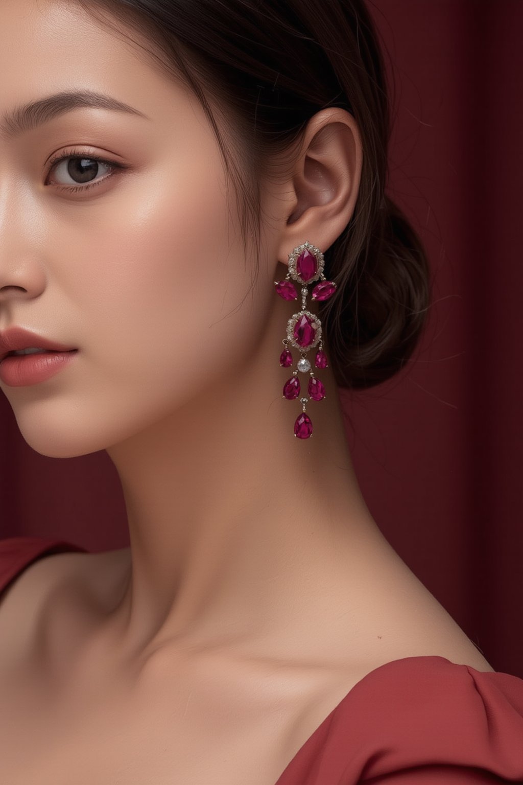 A close-up photo of the model wearing statement ruby earrings, matched with a classic red gown. The deep maroon background contrasts with her soft features and bold, red lips, placing emphasis on one earring, representing opulence and allure.
